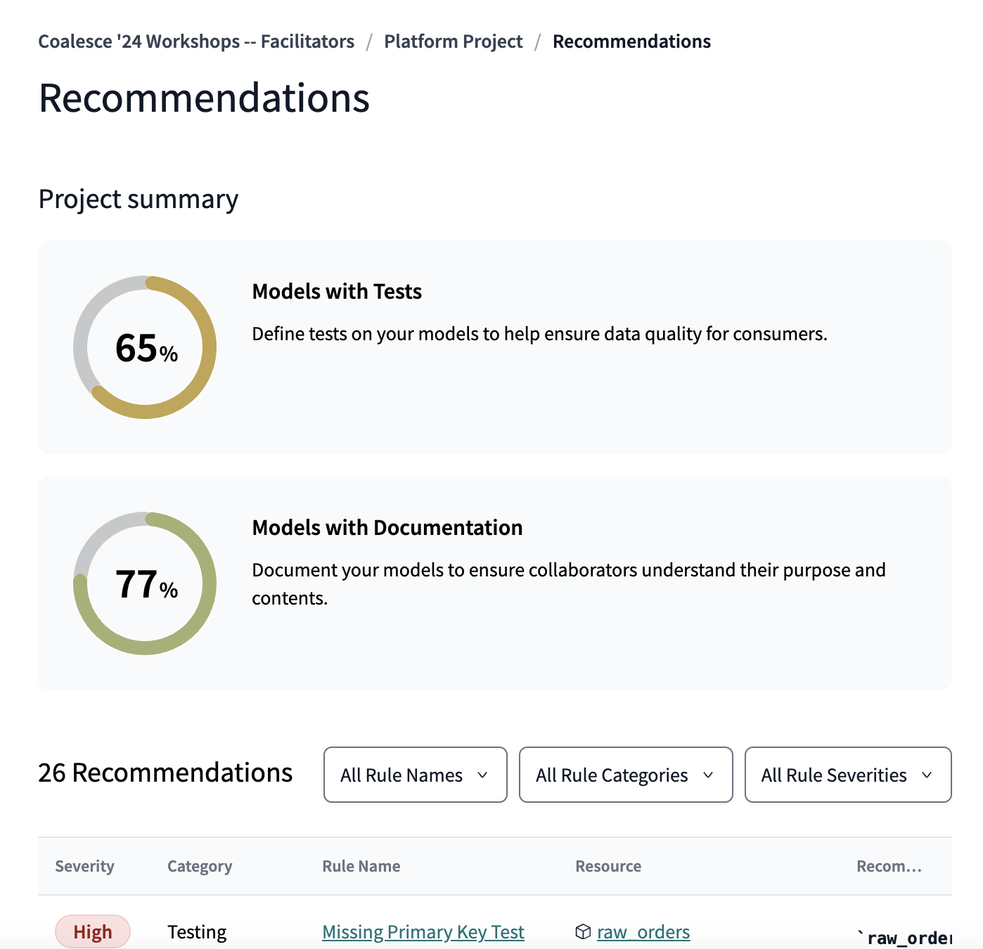 dbt Explorer's project recommendation tab